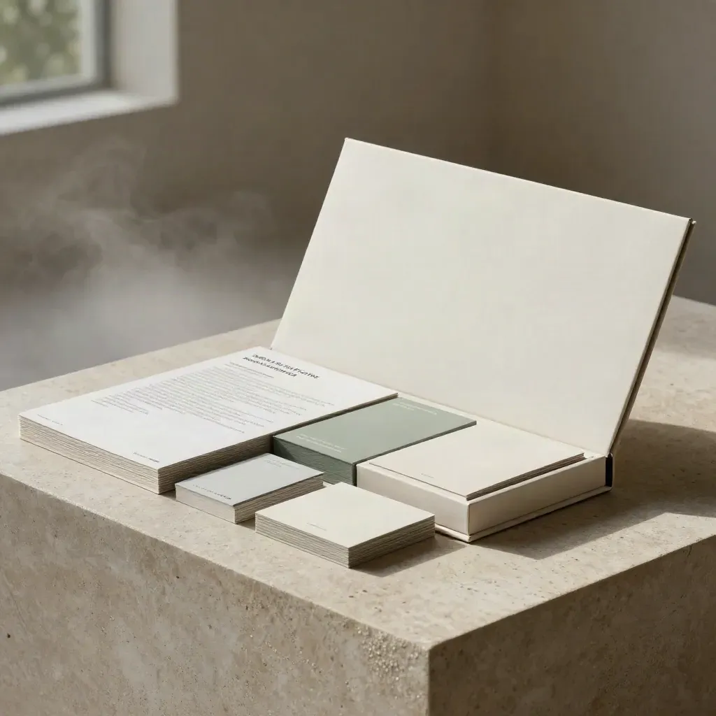 Open starter naming kit with card stacks, checklist folio and origin notes booklet on stone in misty dawn light.