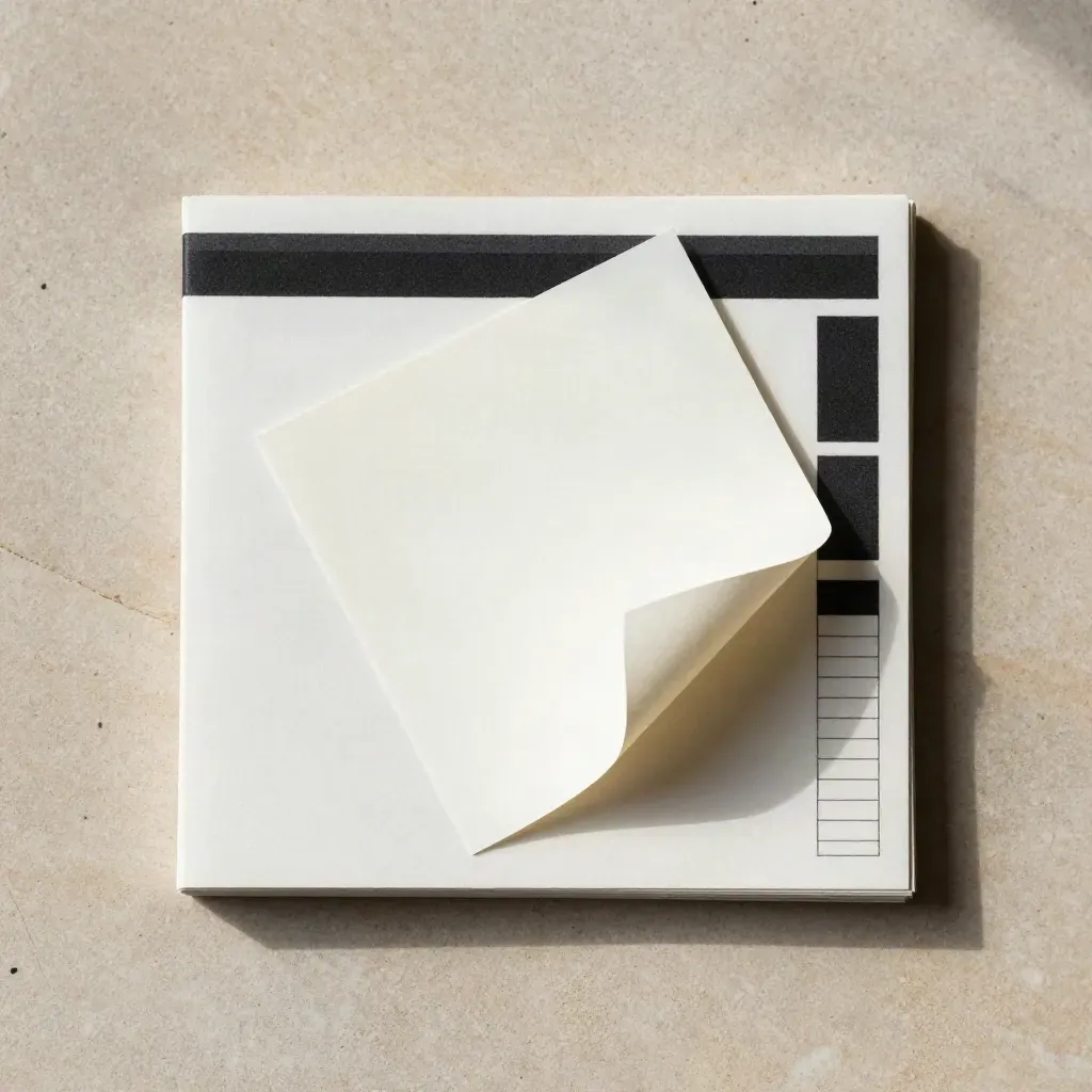 Overhead flatlay of test cards, a slim band, and folded notelets on pale stone.