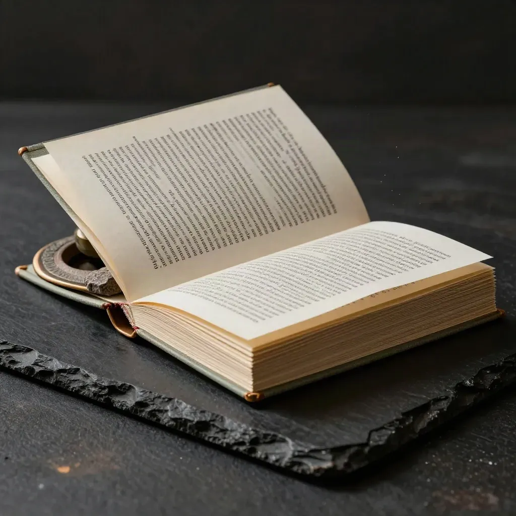 Open origin-notes booklet, stacked cards, and ceramic paperweight on a dark slab.