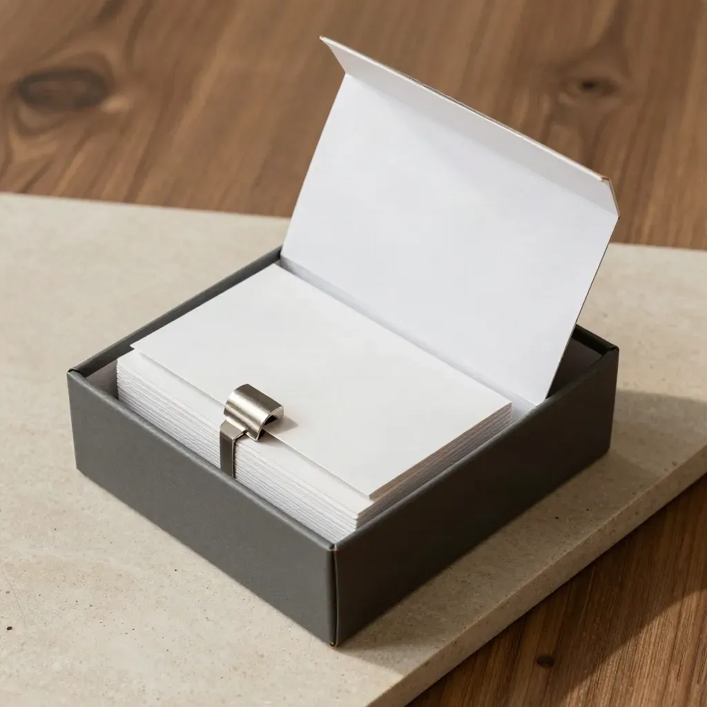 Overhead flatlay of a vault-style card box with nested stacks and a metal clasp on stone.