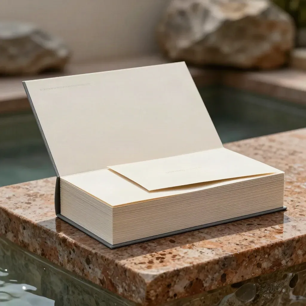 Open launch kit box with layered cards and booklet on wet stone in soft daylight.