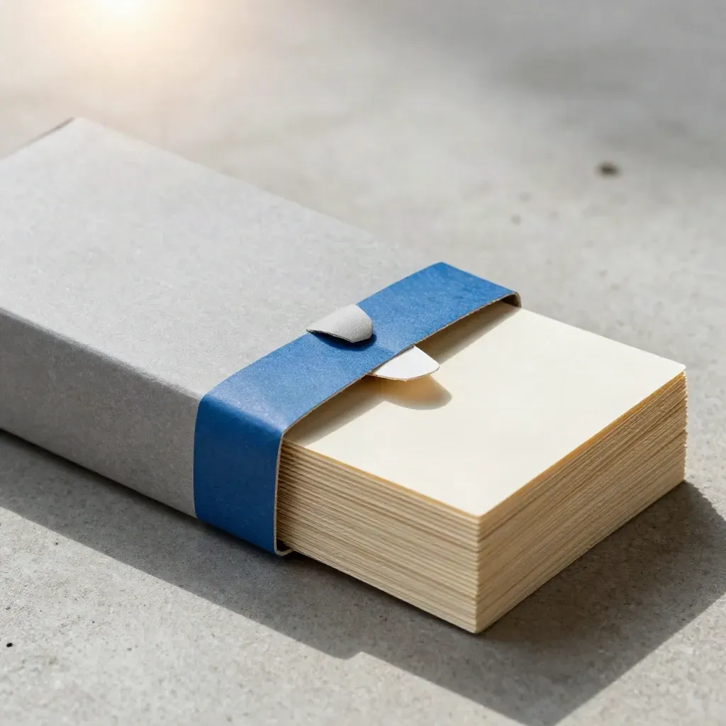 Unmarked naming bundle with cream cards, blue band, and folded strip on pale concrete.