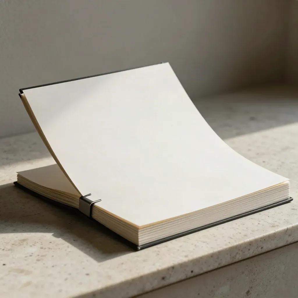 Premium naming brief folio with nested cards and a black clip on travertine.