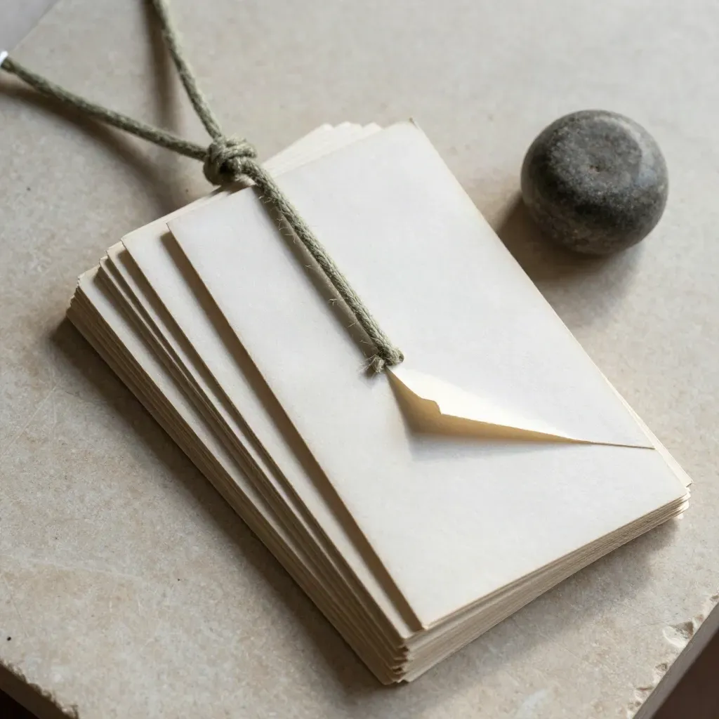 Overhead flatlay of tied root cards, stone weight, and a fanned stack on pale limestone.