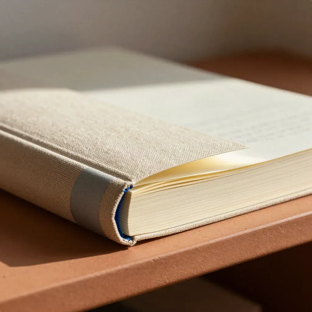 Macro side view of a cloth-spined note journal with wax-paper sleeve and cobalt accent