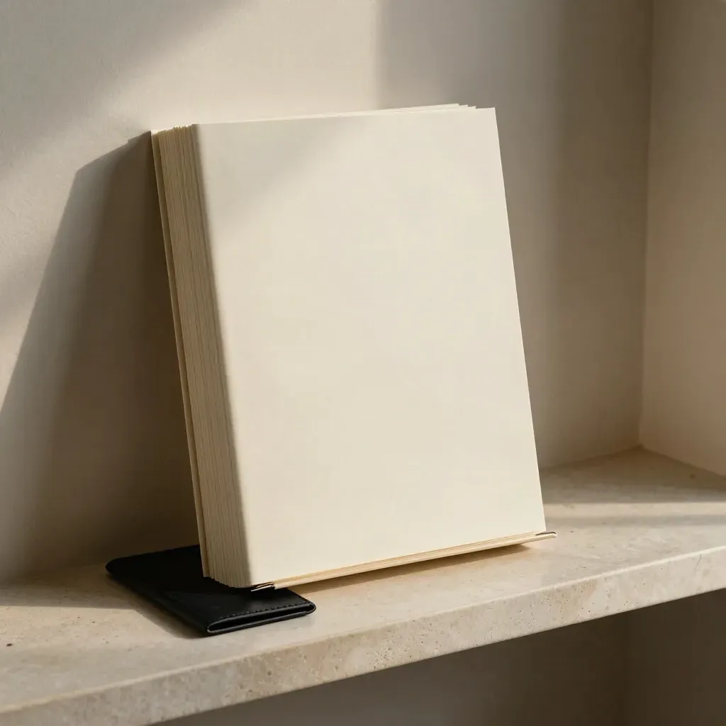 Tall checklist binder with inserts and card wallet on a pale stone shelf in soft daylight.
