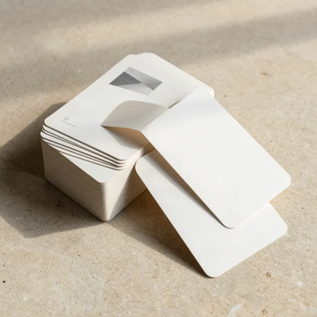 A deck of prompt cards fanned from a rigid sleeve on a pale stone slab.