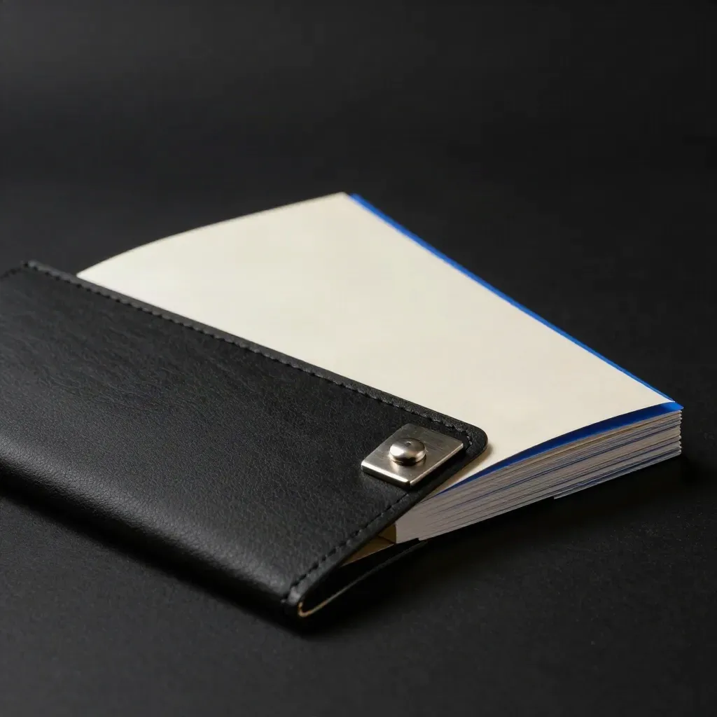 Compact pitch-line booklet with sleeve, insert stack and paperweight on a dark studio surface.