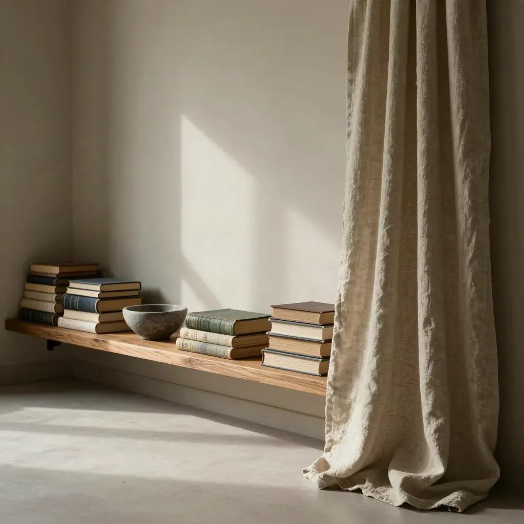 Quiet writing studio with oak shelf, linen curtain, closed books, and soft daylight.